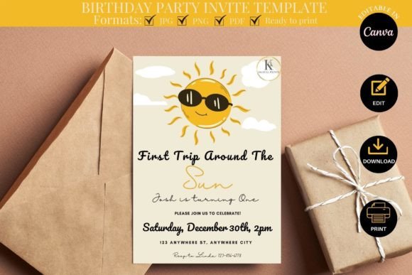 First Birthday Party Invitation Template and First Trip Around the Sun Party Invitation